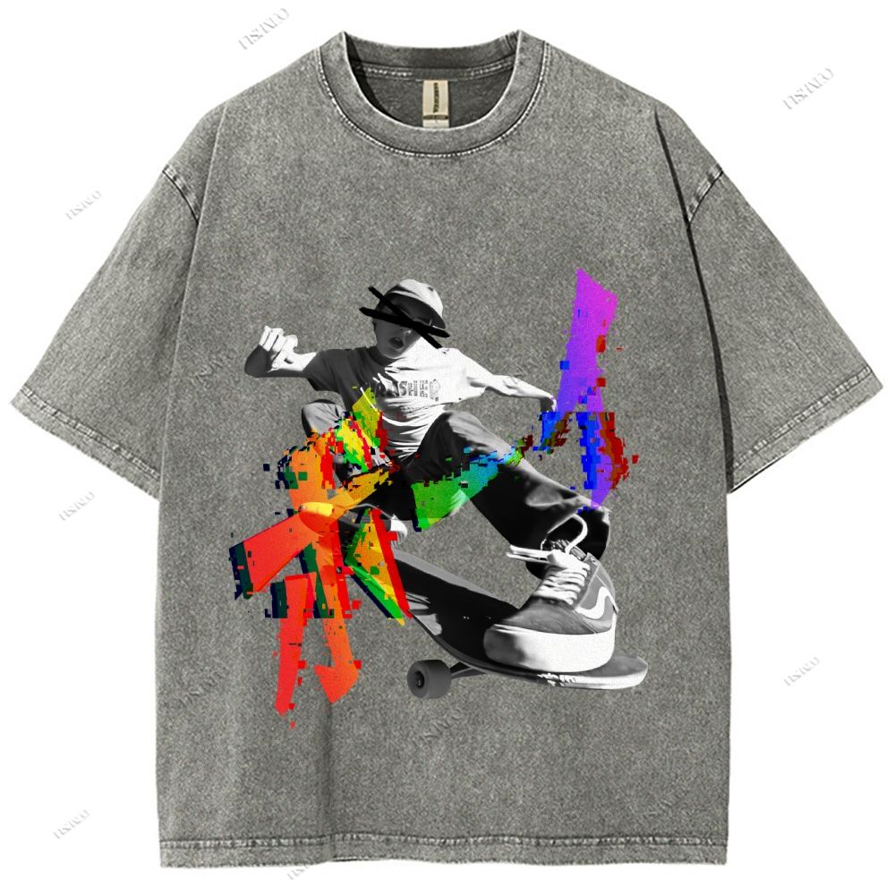 Unisex Japanese Skateboarding Printed Washed Tee