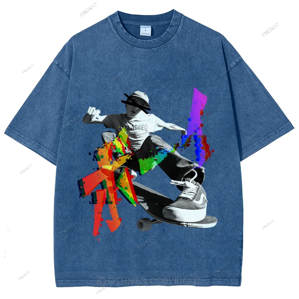 Unisex Japanese Skateboarding Printed Washed Tee