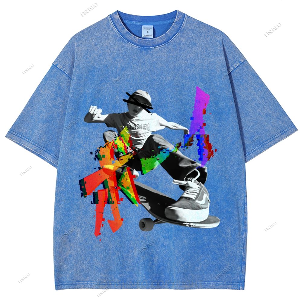 Unisex Japanese Skateboarding Printed Washed Tee