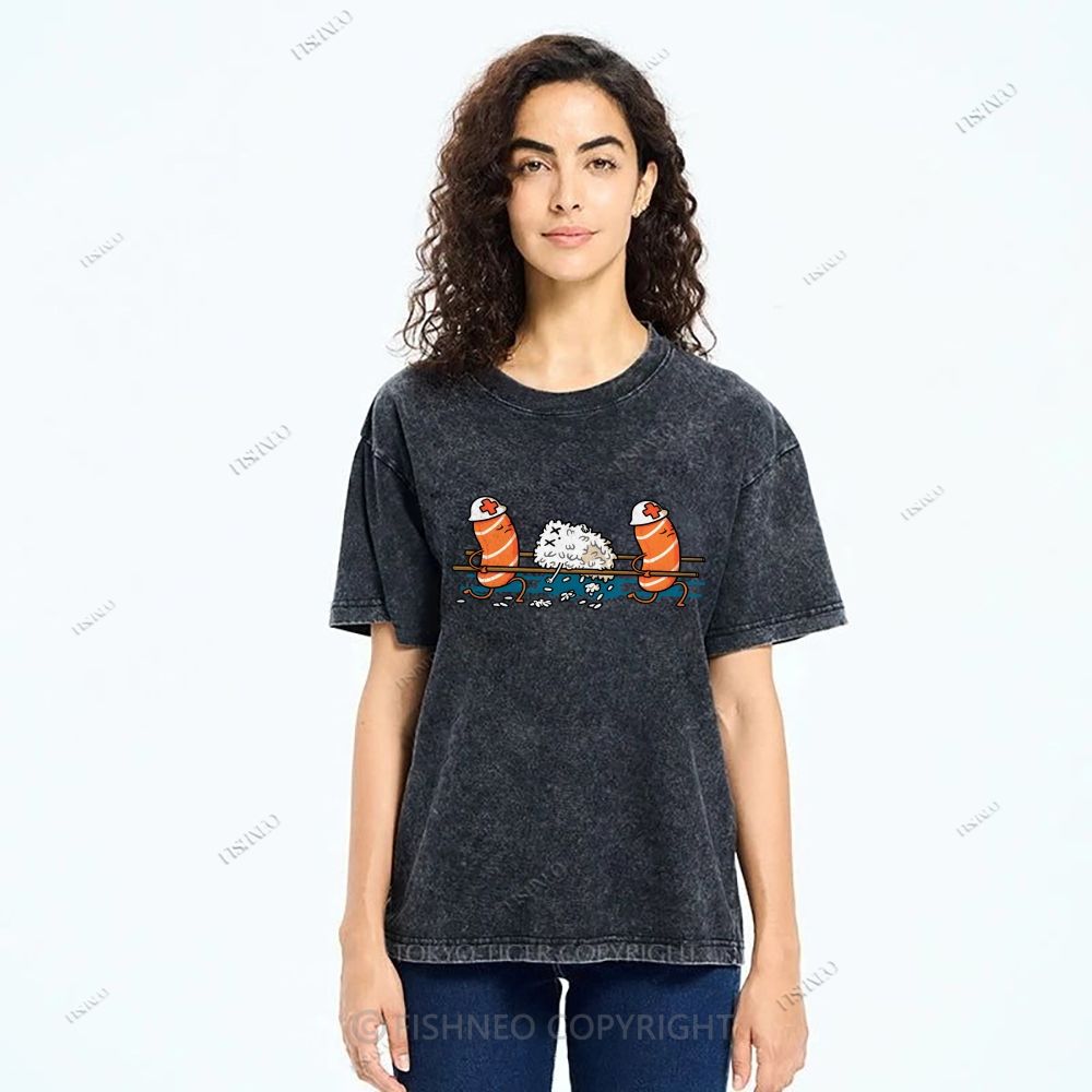 Unisex Injured Sushi Printed Washed Tee