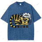 Unisex Japanese Tiger Printed Washed Tee