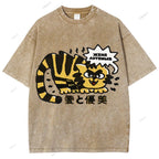 Unisex Japanese Tiger Printed Washed Tee