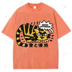 Unisex Japanese Tiger Printed Washed Tee