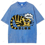 Unisex Japanese Tiger Printed Washed Tee