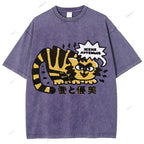 Unisex Japanese Tiger Printed Washed Tee