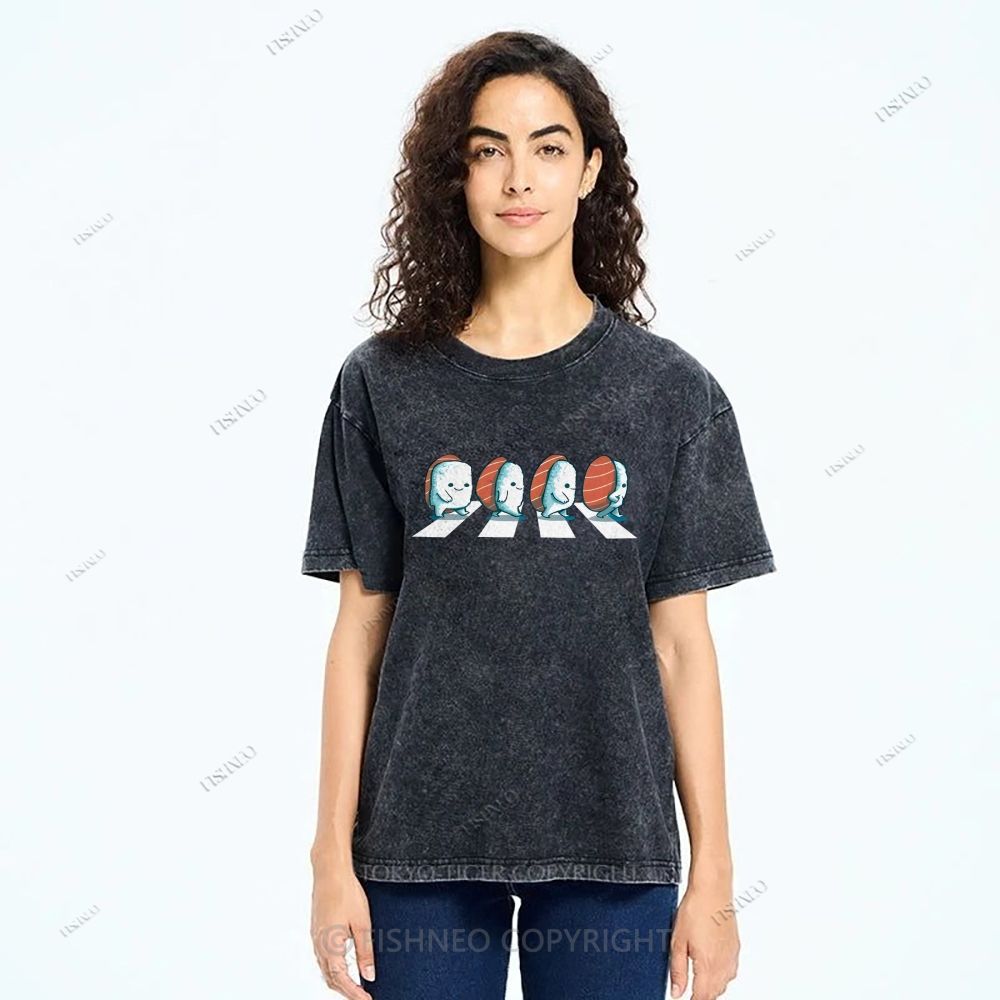 Unisex Cartoon Sushi Printed Washed Tee