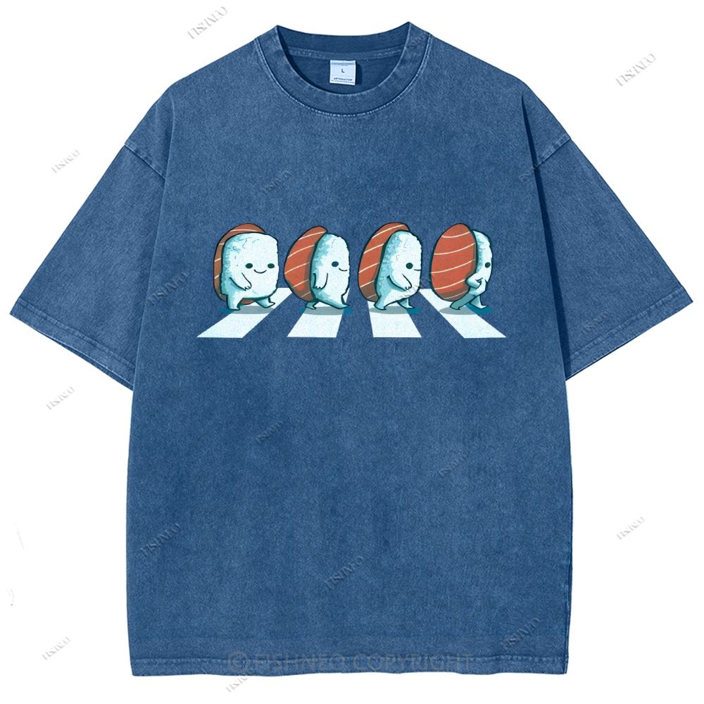 Unisex Cartoon Sushi Printed Washed Tee