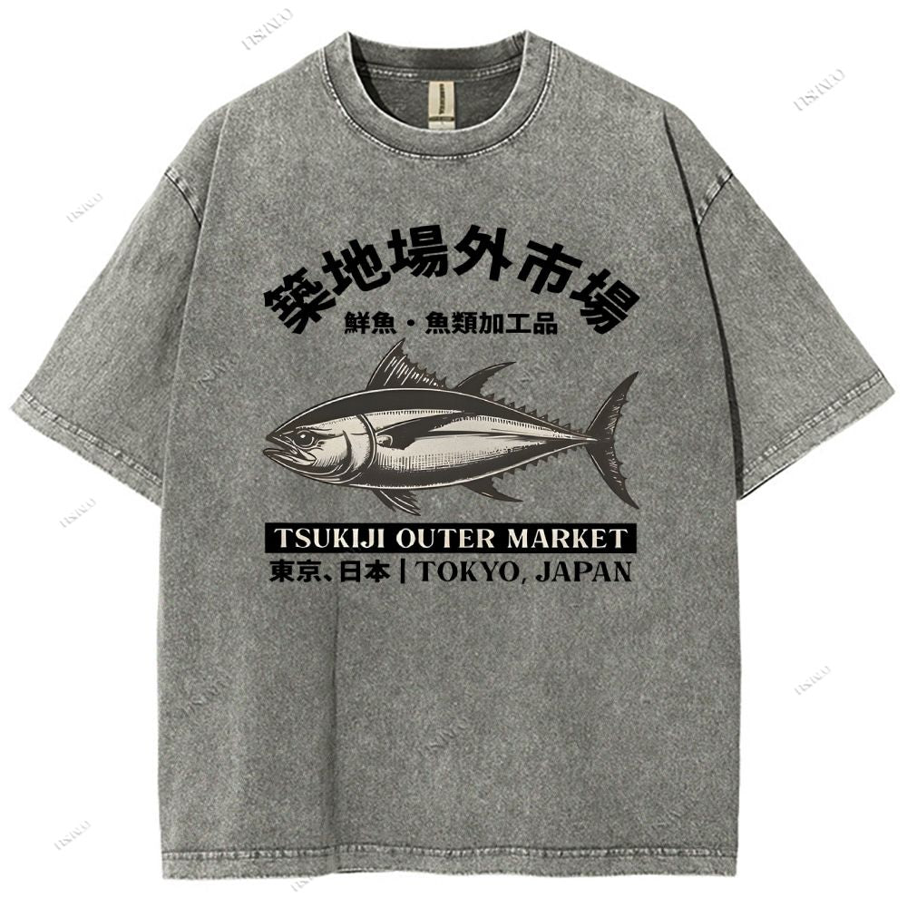 Unisex Tsukiji Market Printed Washed Tee