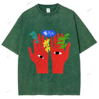 Unisex Japanese Graffiti Printed Washed Tee
