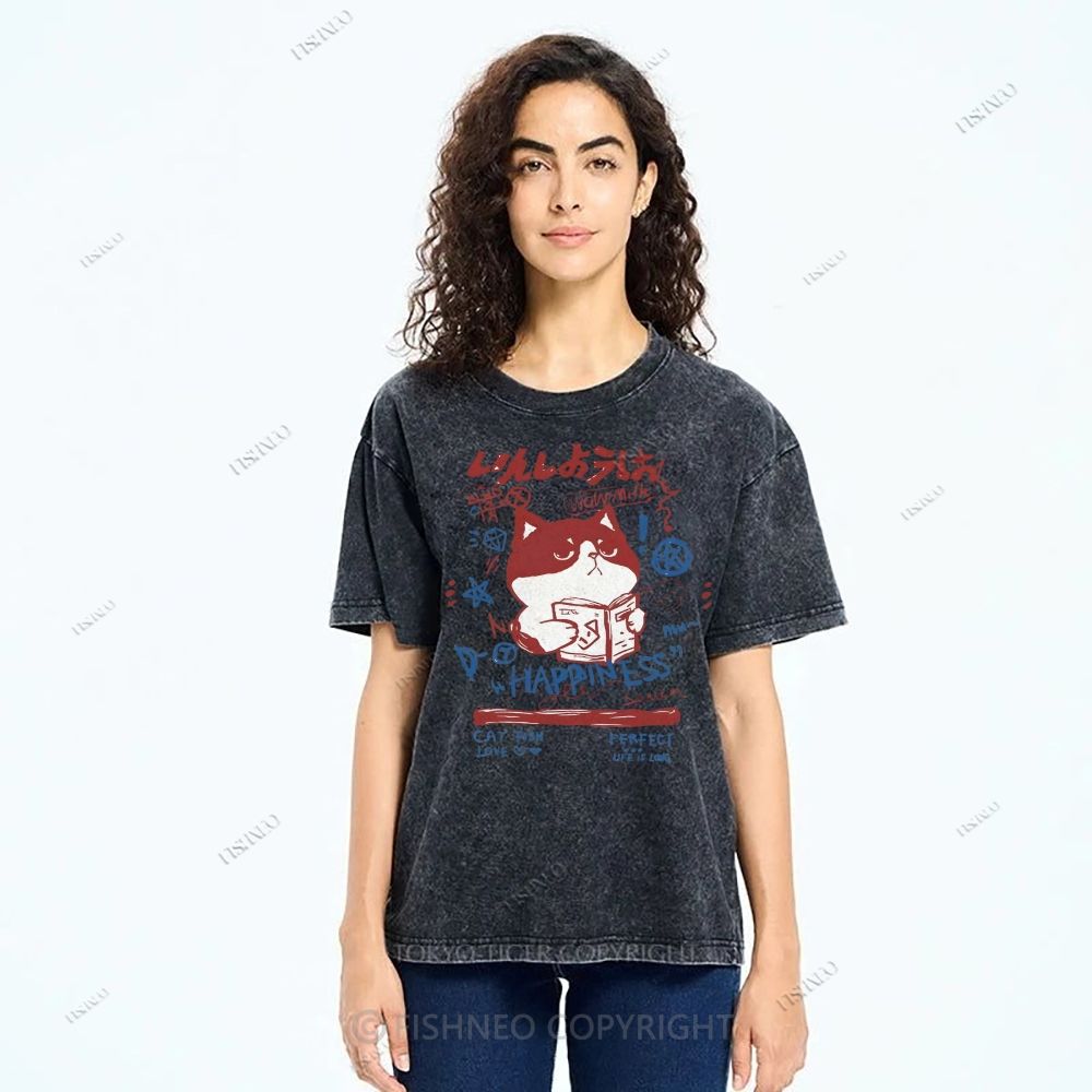 Unisex Cartoon Cat Printed Washed Tee