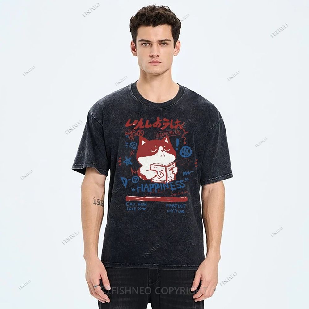 Unisex Cartoon Cat Printed Washed Tee