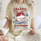 Unisex Cartoon Cat Printed Washed Tee