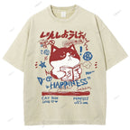 Unisex Cartoon Cat Printed Washed Tee