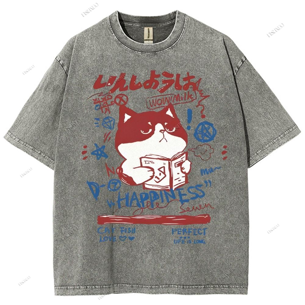 Unisex Cartoon Cat Printed Washed Tee