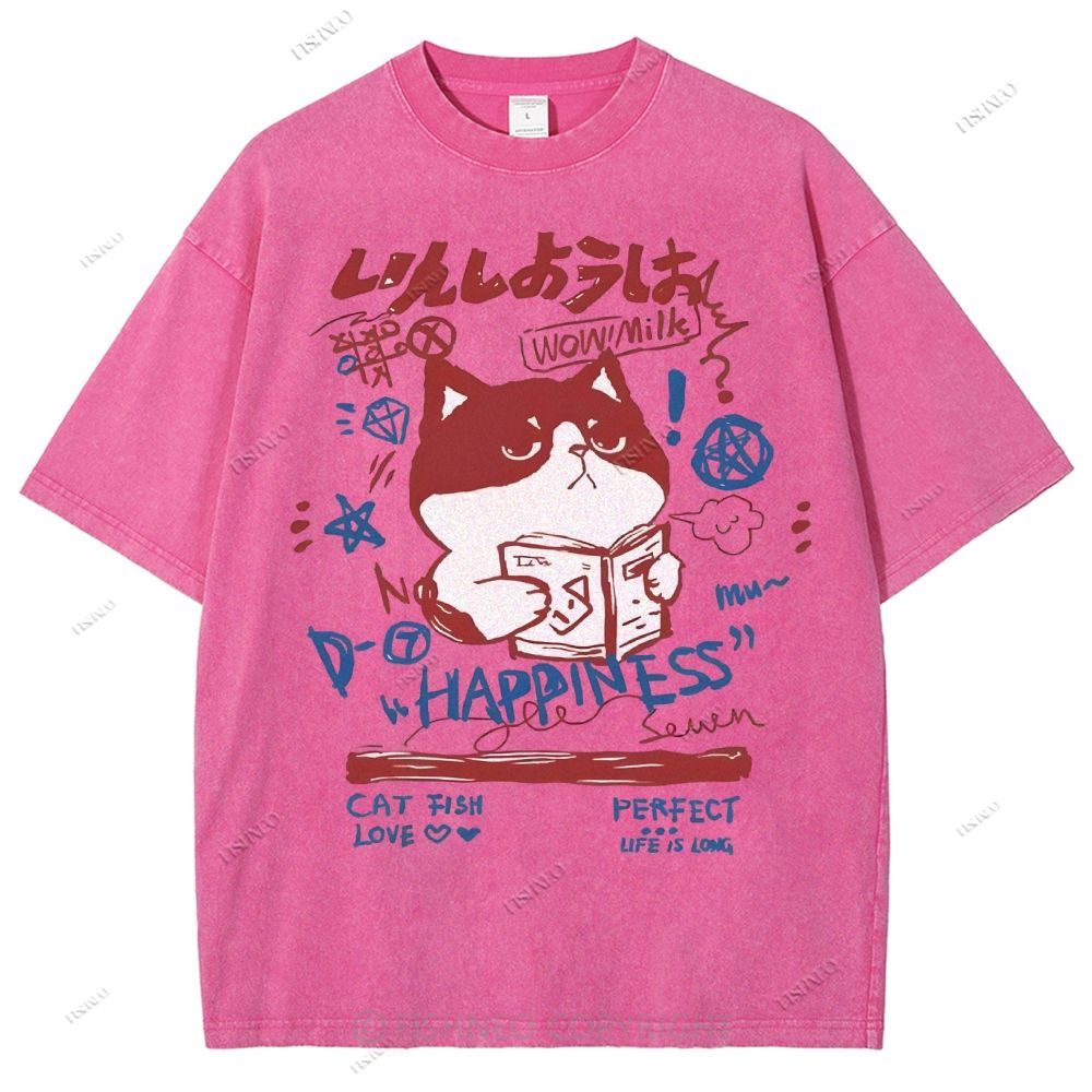 Unisex Cartoon Cat Printed Washed Tee