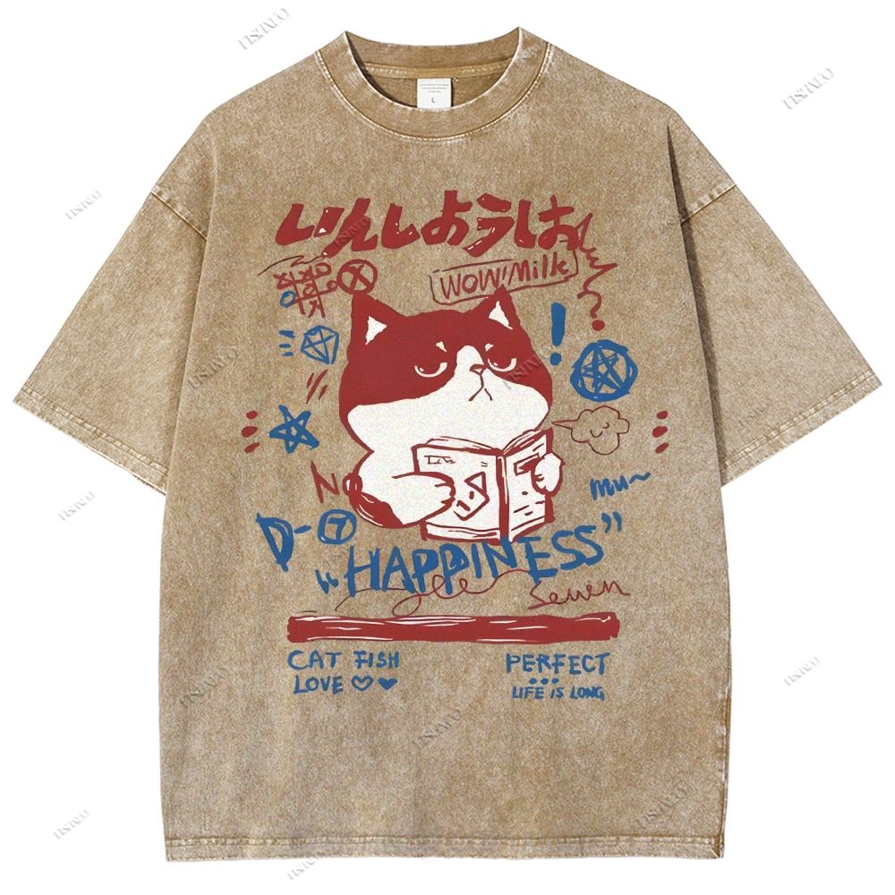 Unisex Cartoon Cat Printed Washed Tee