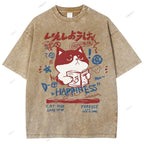 Unisex Cartoon Cat Printed Washed Tee