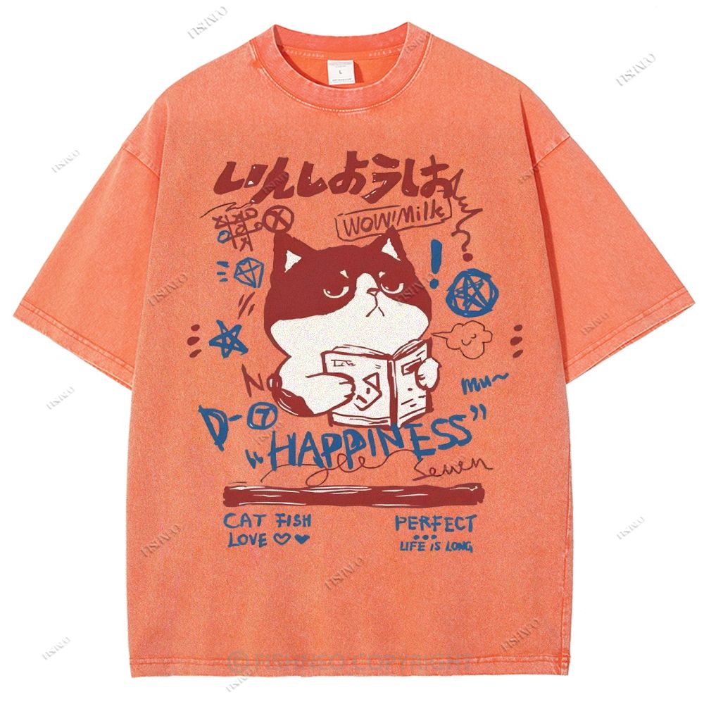 Unisex Cartoon Cat Printed Washed Tee