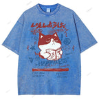 Unisex Cartoon Cat Printed Washed Tee