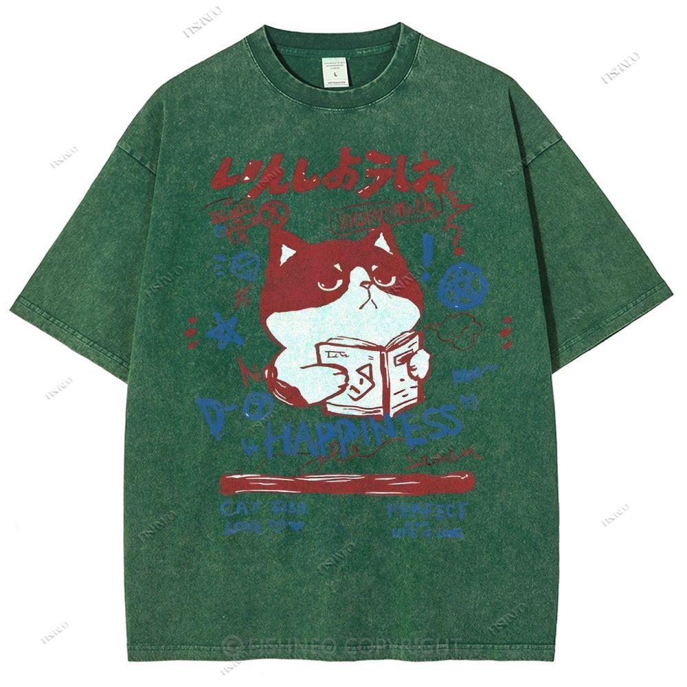 Unisex Cartoon Cat Printed Washed Tee