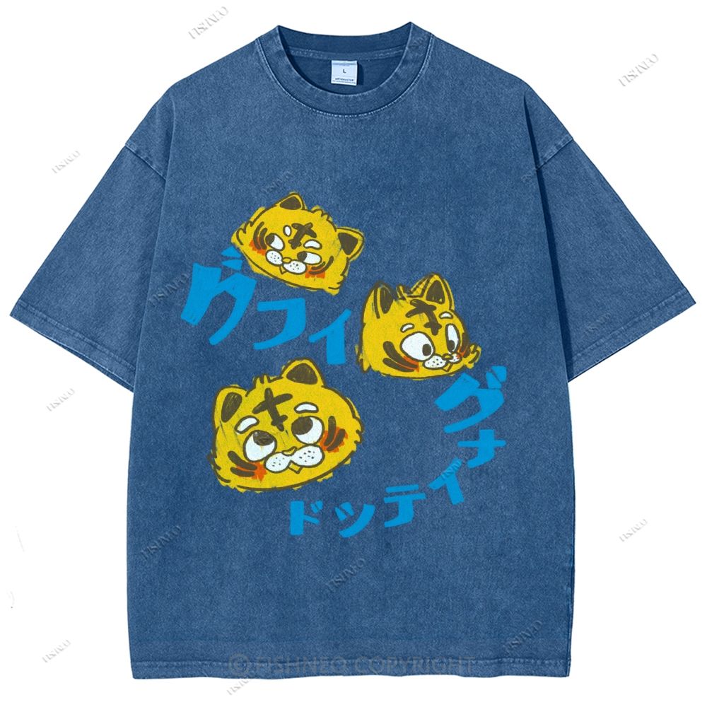 Unisex Japanese Tiger Printed Washed Tee