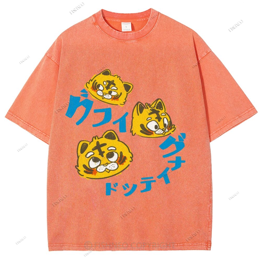 Unisex Japanese Tiger Printed Washed Tee