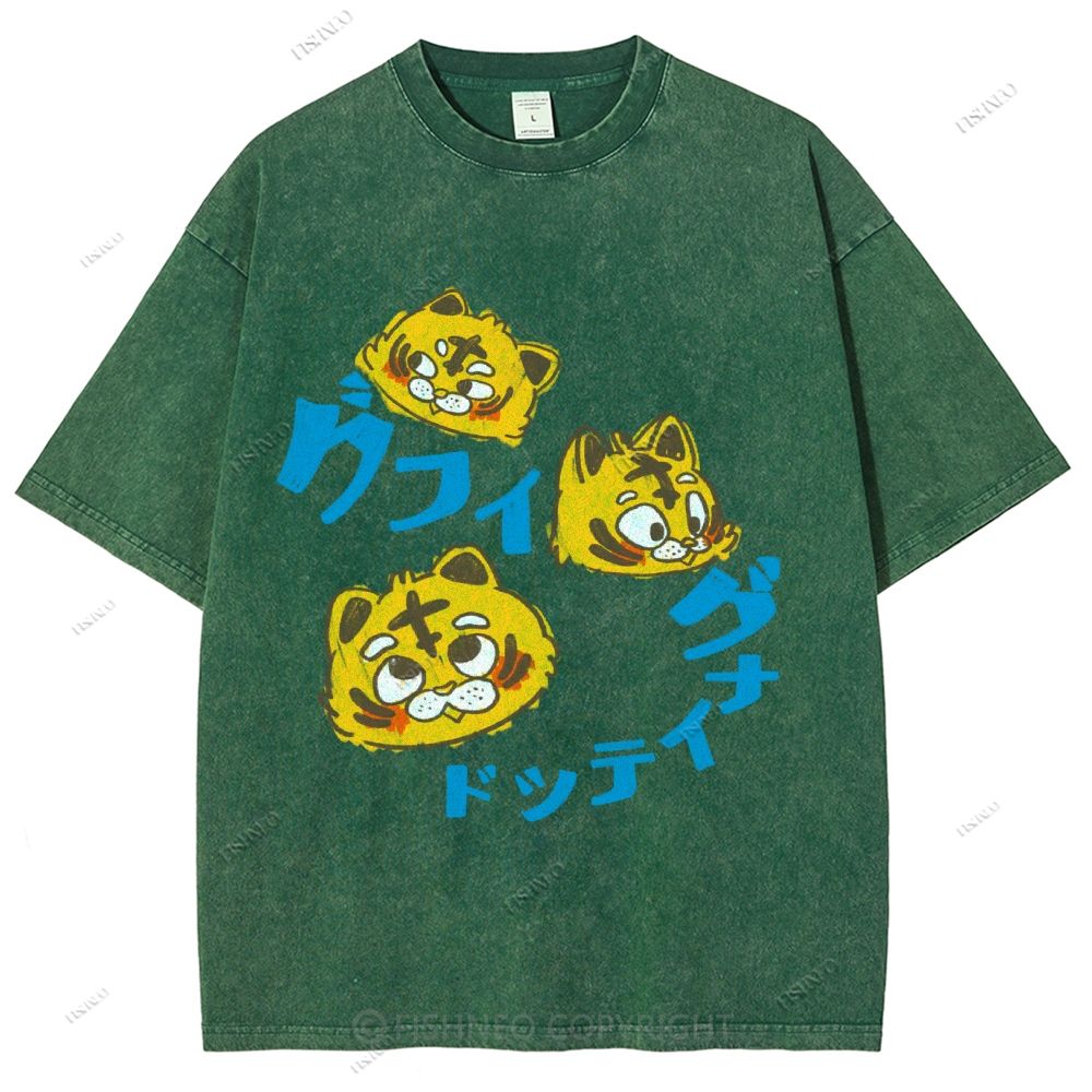 Unisex Japanese Tiger Printed Washed Tee