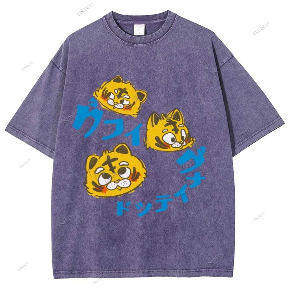 Unisex Japanese Tiger Printed Washed Tee