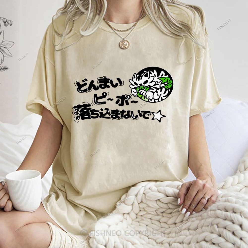 Unisex Japanese Letter Printed Washed Tee