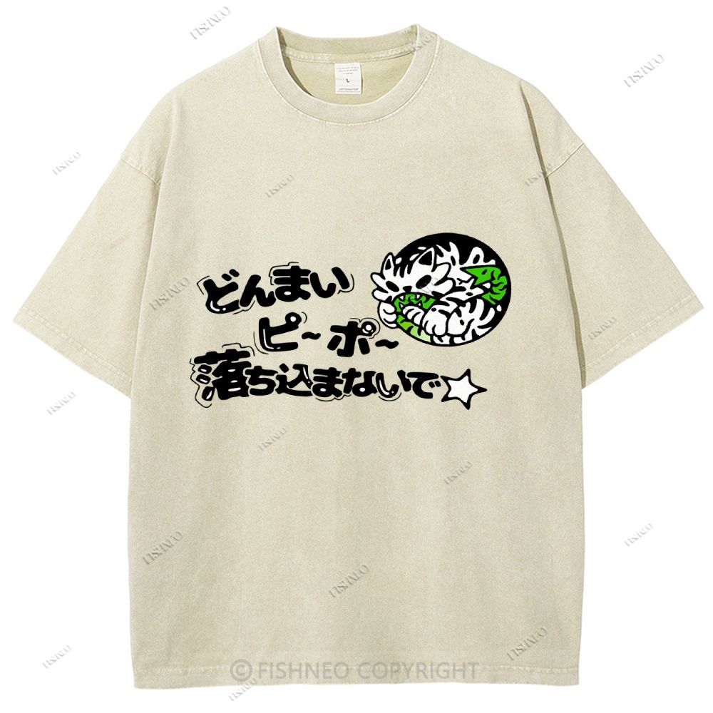 Unisex Japanese Letter Printed Washed Tee