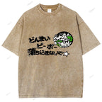Unisex Japanese Letter Printed Washed Tee