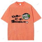 Unisex Japanese Letter Printed Washed Tee