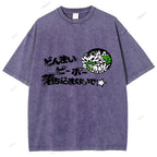 Unisex Japanese Letter Printed Washed Tee