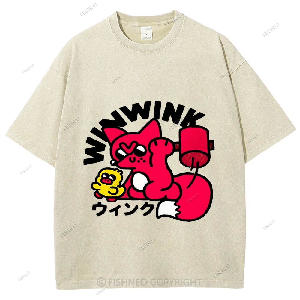 Unisex Japanese Fox Printed Washed Tee