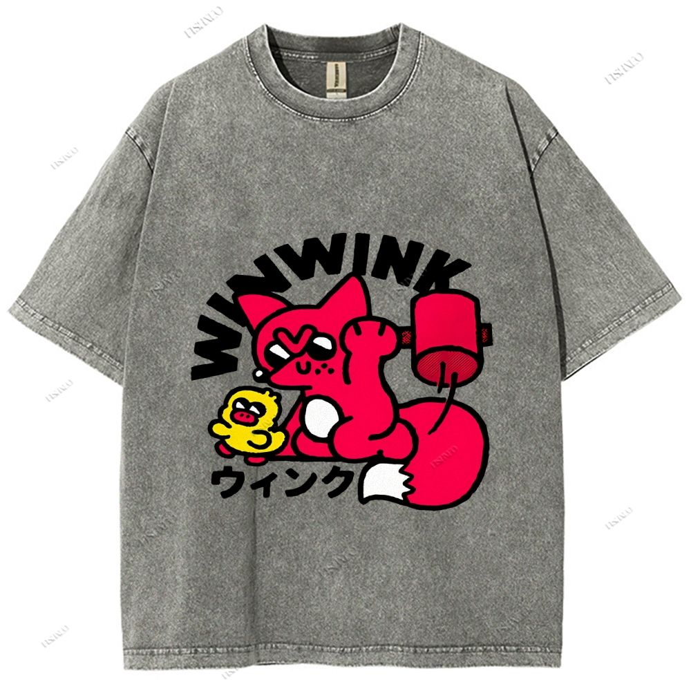 Unisex Japanese Fox Printed Washed Tee