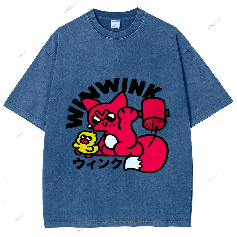 Unisex Japanese Fox Printed Washed Tee