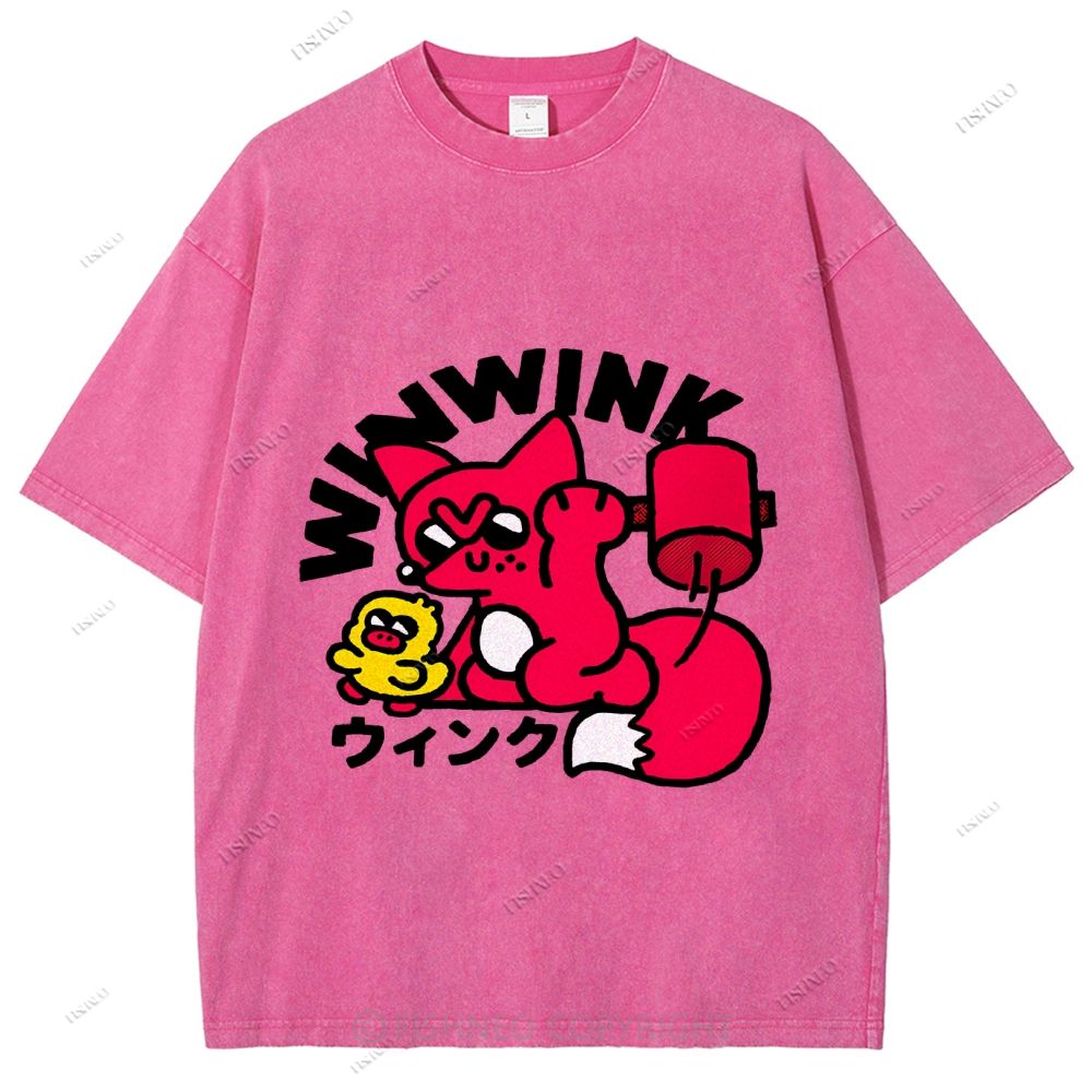 Unisex Japanese Fox Printed Washed Tee