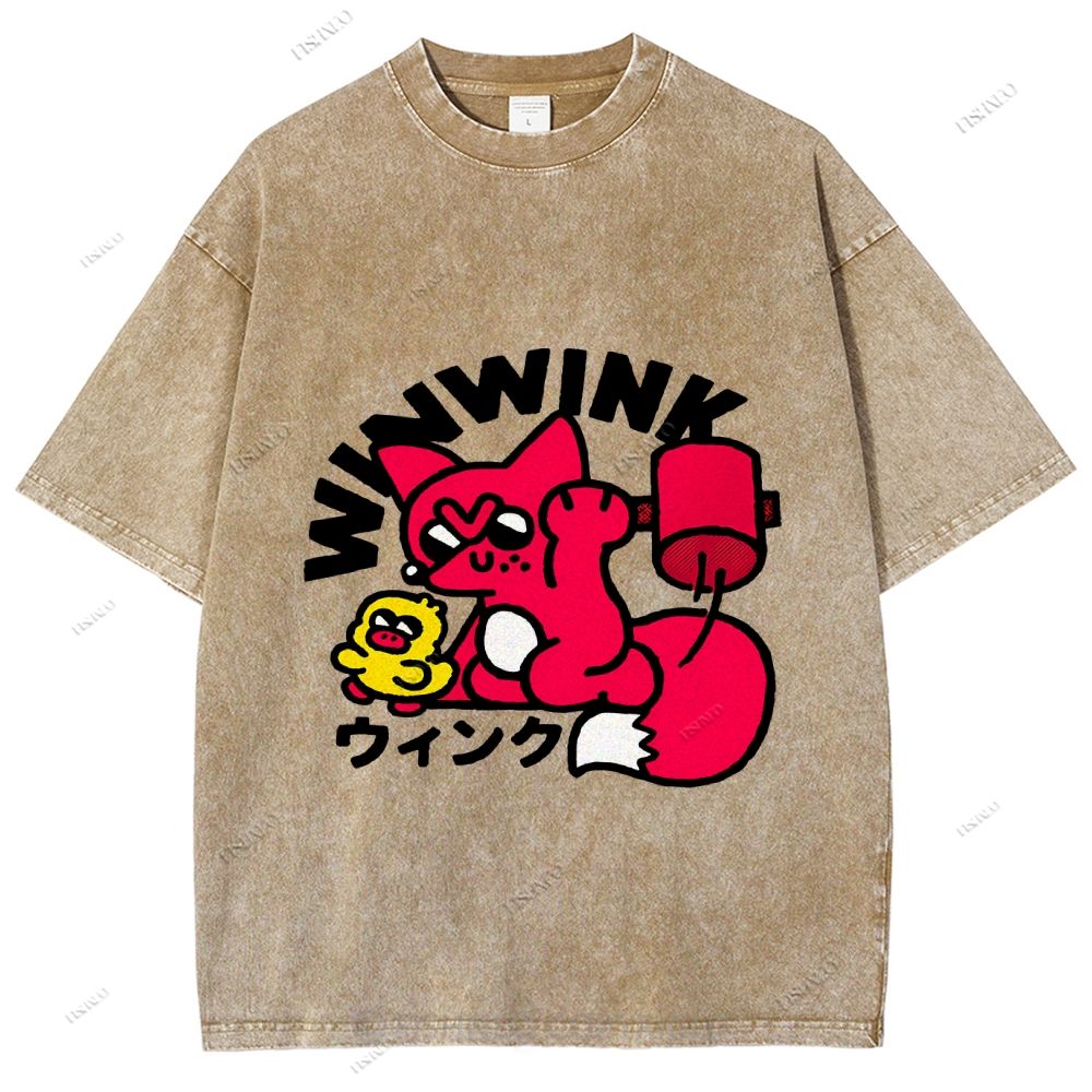 Unisex Japanese Fox Printed Washed Tee