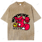 Unisex Japanese Fox Printed Washed Tee
