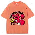Unisex Japanese Fox Printed Washed Tee