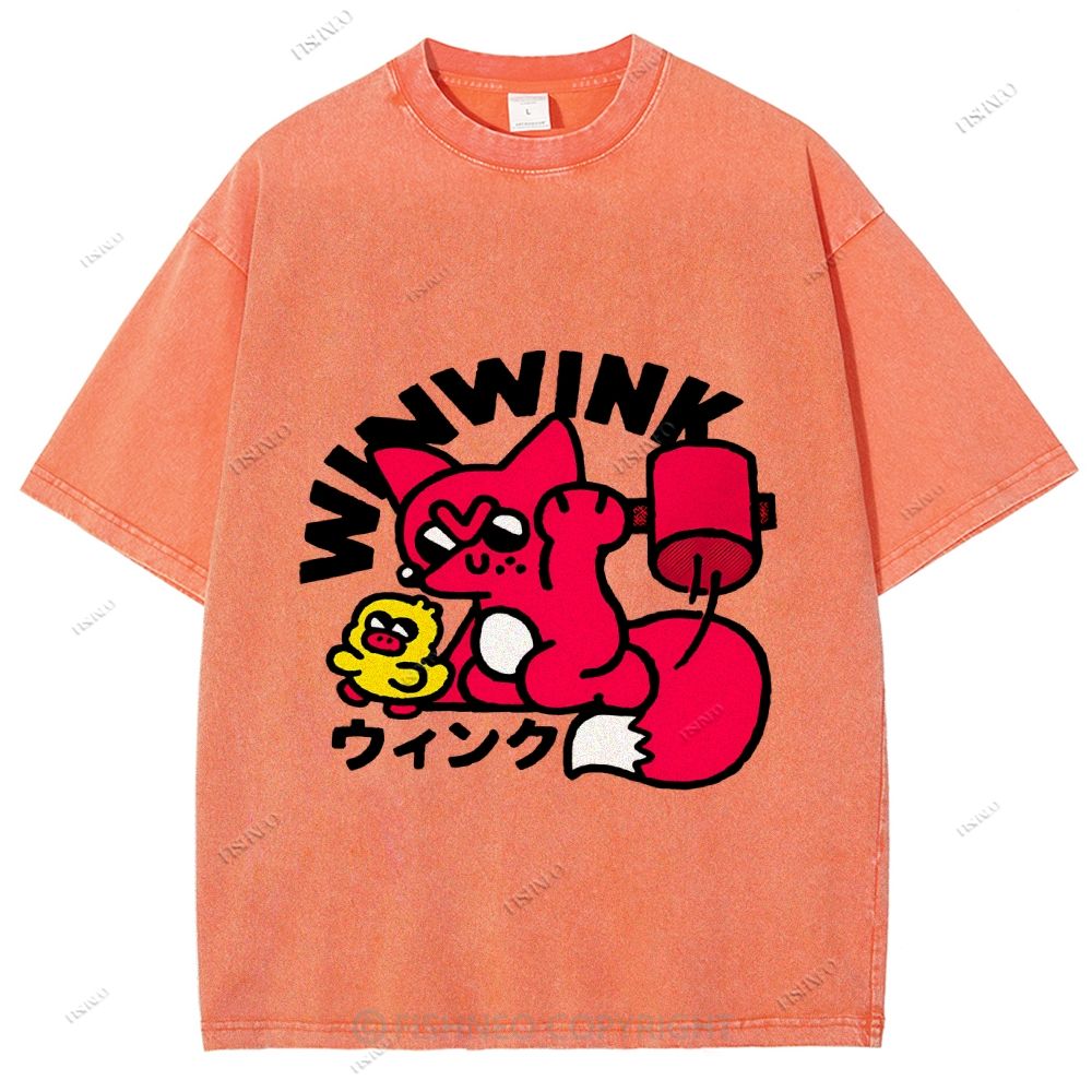 Unisex Japanese Fox Printed Washed Tee