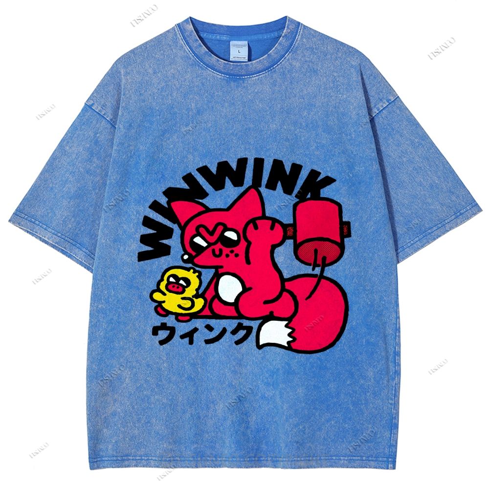 Unisex Japanese Fox Printed Washed Tee