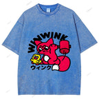 Unisex Japanese Fox Printed Washed Tee