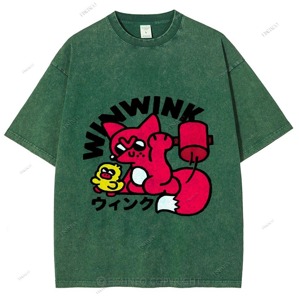 Unisex Japanese Fox Printed Washed Tee