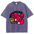 Unisex Japanese Fox Printed Washed Tee