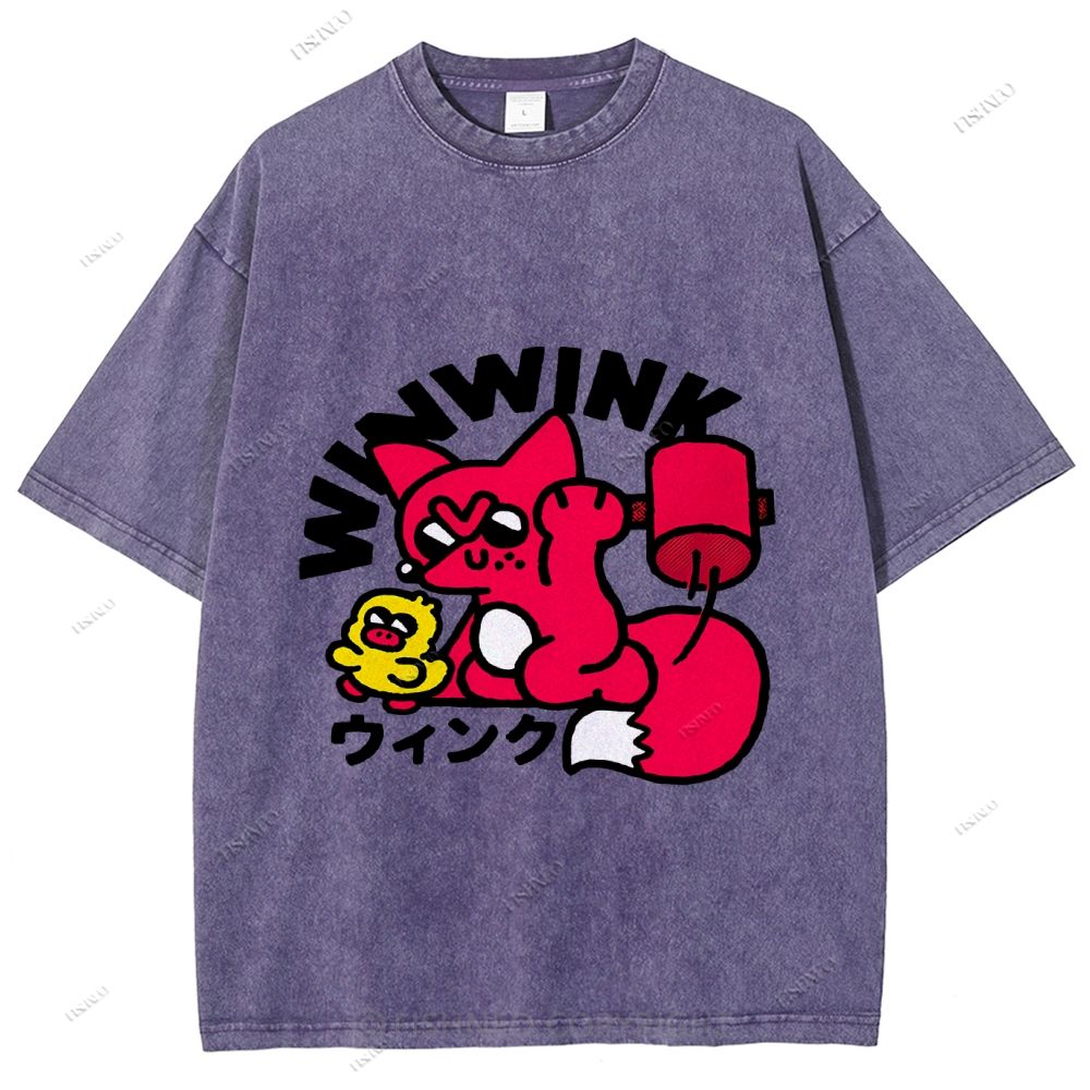 Unisex Japanese Fox Printed Washed Tee