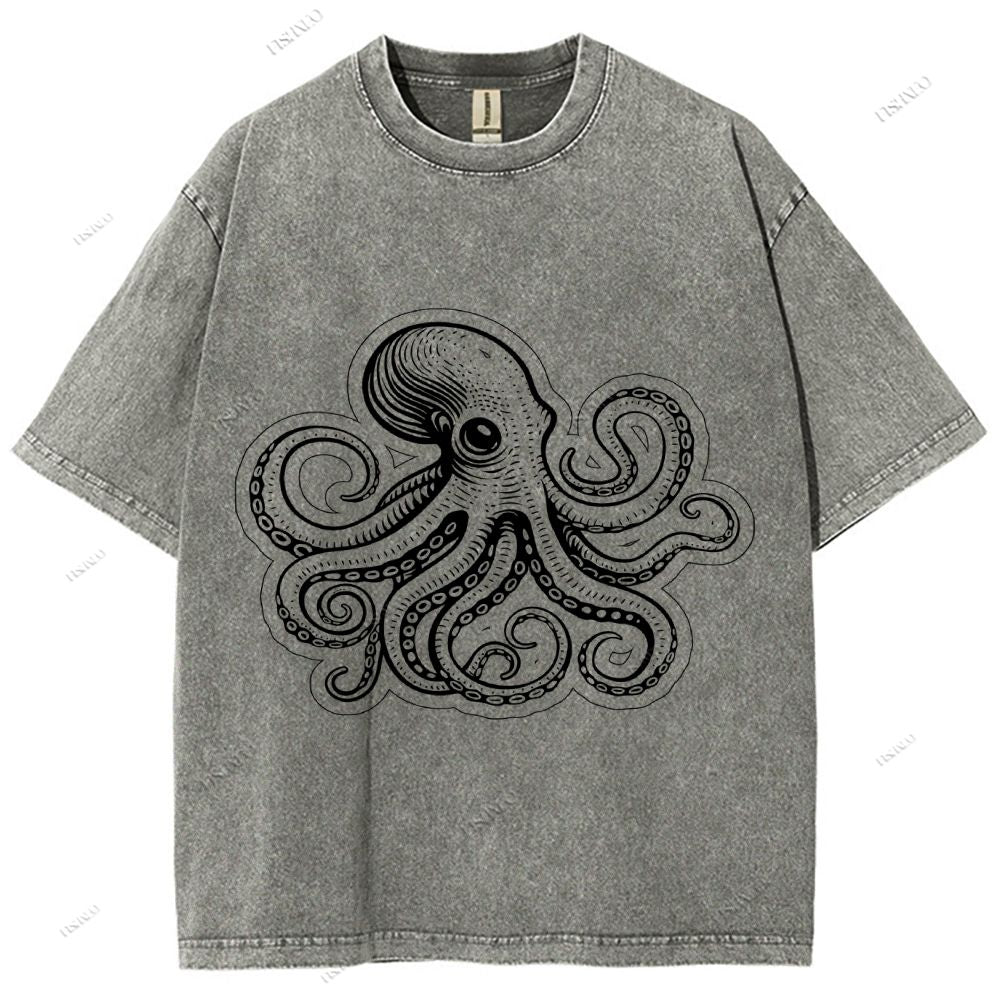 Unisex Octopus Printed Washed Tee