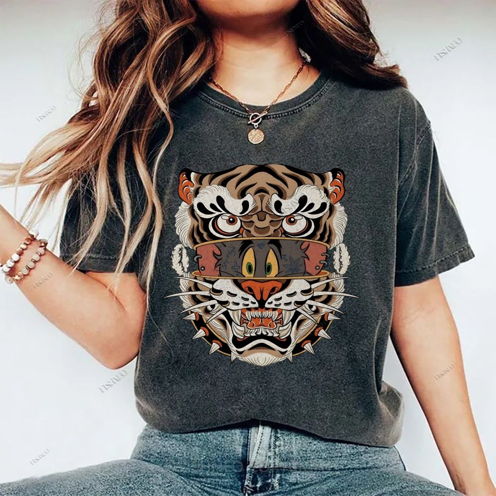 Unisex Cat Tiger Printed Washed Tee