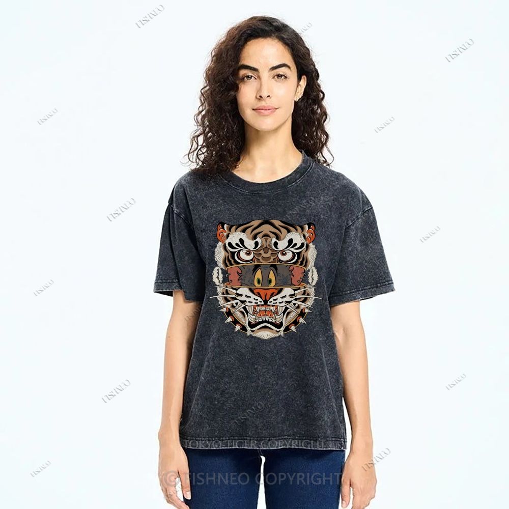 Unisex Cat Tiger Printed Washed Tee