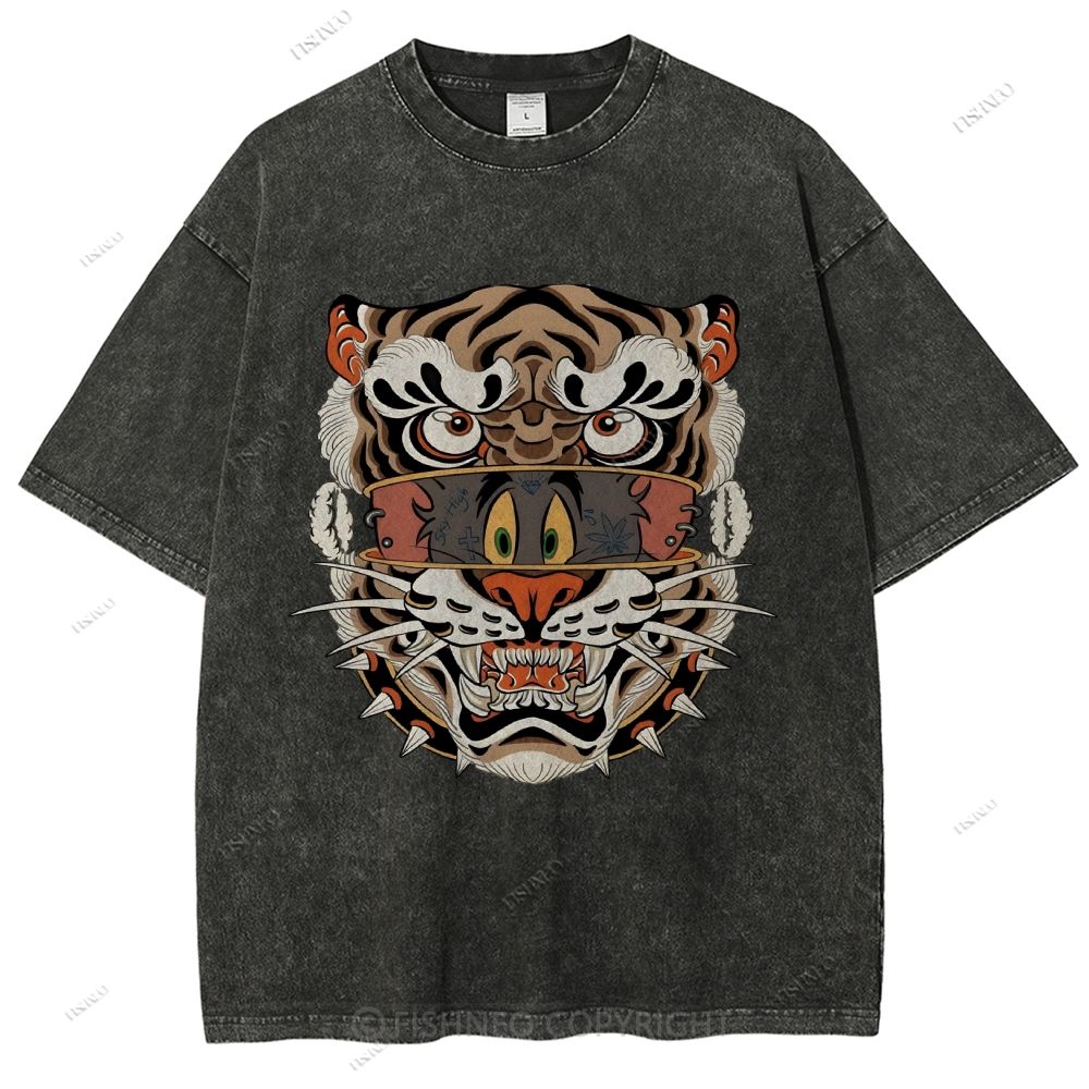 Unisex Cat Tiger Printed Washed Tee